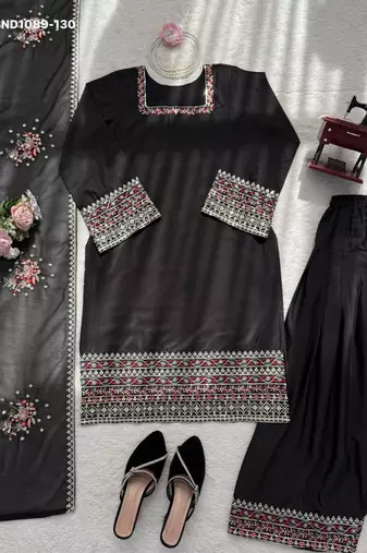 black crepe embroidered kurta set