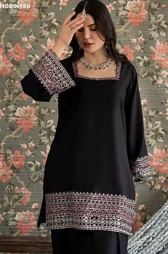 black crepe embroidered kurta set
