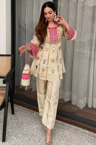 Cream crepe embroidered kurta-sets