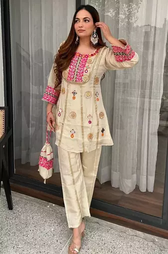 cream crepe embroidered kurta set