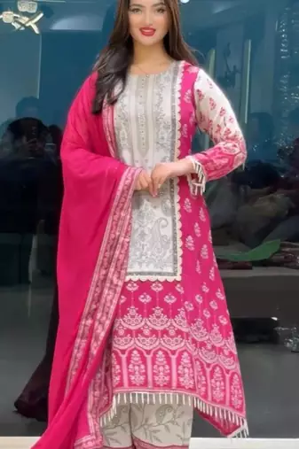 pink printed silk blend kurta set