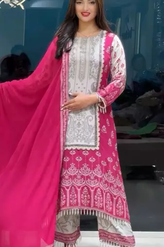 pink printed silk blend kurta set