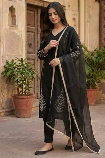 black embroidered silk blend kurta set
