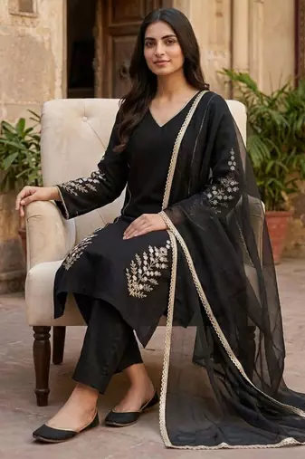 black embroidered silk blend kurta set