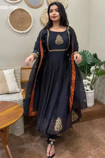Dark-navy-blue georgette embroidered kurta-sets