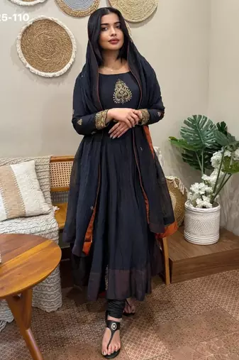 dark navy blue embroidered georgette womens kurta set