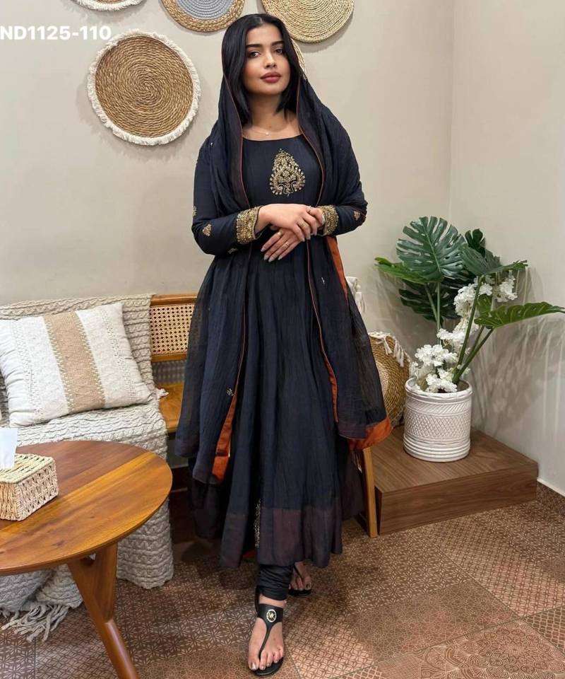 Dark-navy-blue georgette embroidered kurta-sets