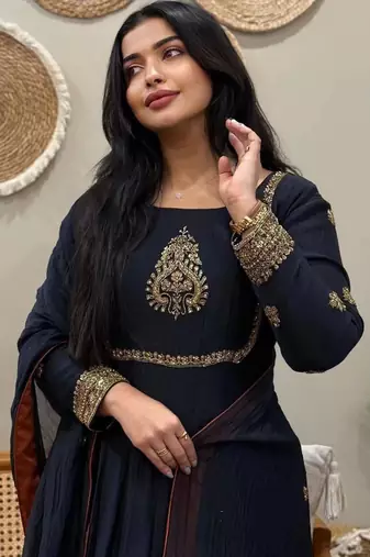 dark navy blue embroidered georgette womens kurta set