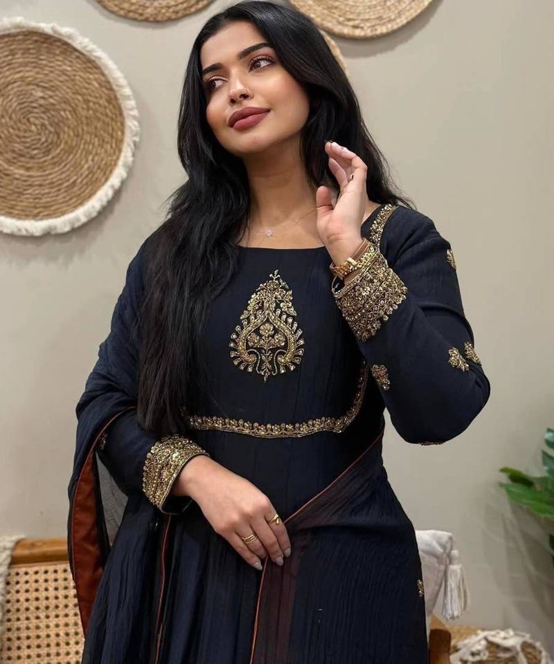 Dark-navy-blue georgette embroidered kurta-sets