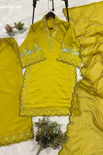 mustard embroidered chanderi kurta set