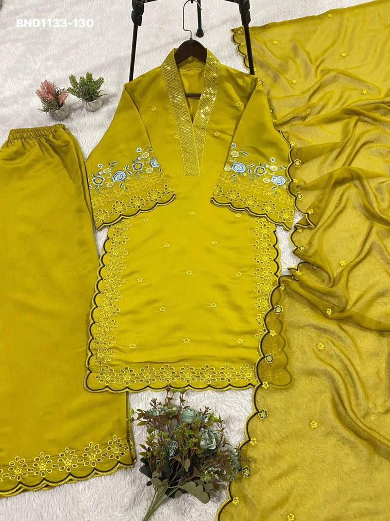 Mustard chanderi embroidered kurta-sets