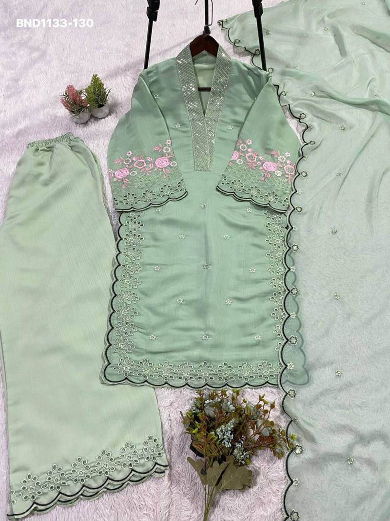 Light-sea-green chanderi embroidered kurta-sets