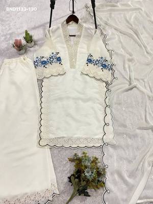 white embroidered chanderi womens kurta set 4