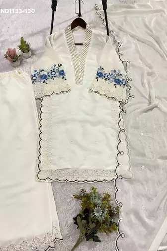 white embroidered chanderi womens kurta set