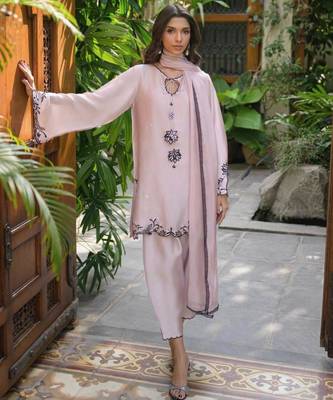 light pink embroidered silk blend kurta set 1
