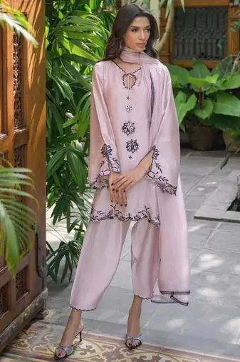 light pink embroidered silk blend kurta set