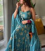 Teal-blue silk blend embroidered kurta-sets