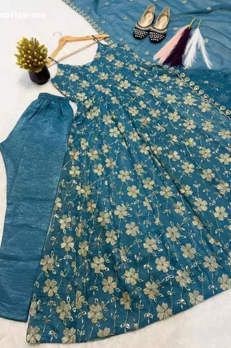 teal blue embroidered silk blend kurta set