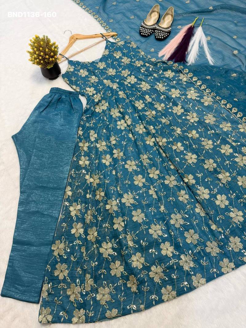 Teal-blue silk blend embroidered kurta-sets