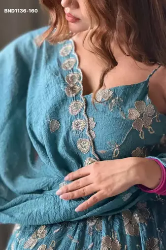 teal blue embroidered silk blend kurta set