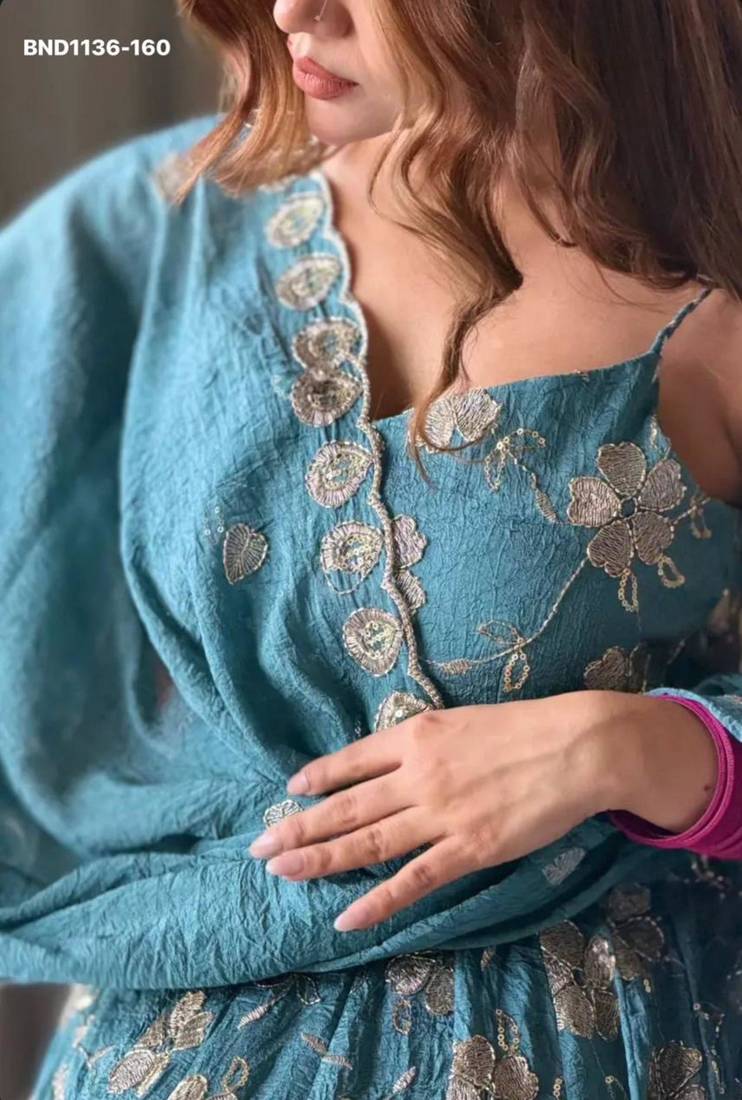 Teal-blue silk blend embroidered kurta-sets