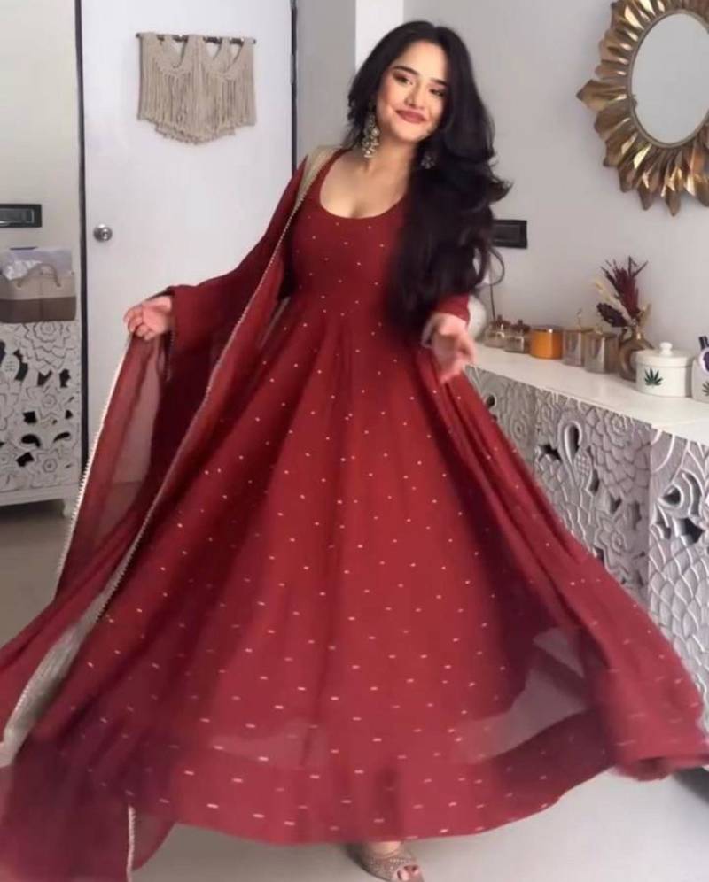 Maroon georgette embroidered kurta-sets