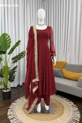 maroon embroidered georgette kurta set