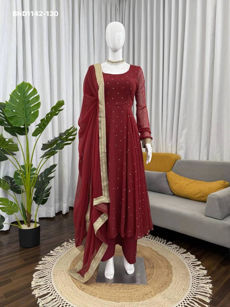 Maroon georgette embroidered kurta-sets
