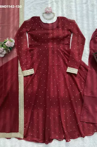 maroon embroidered georgette kurta set