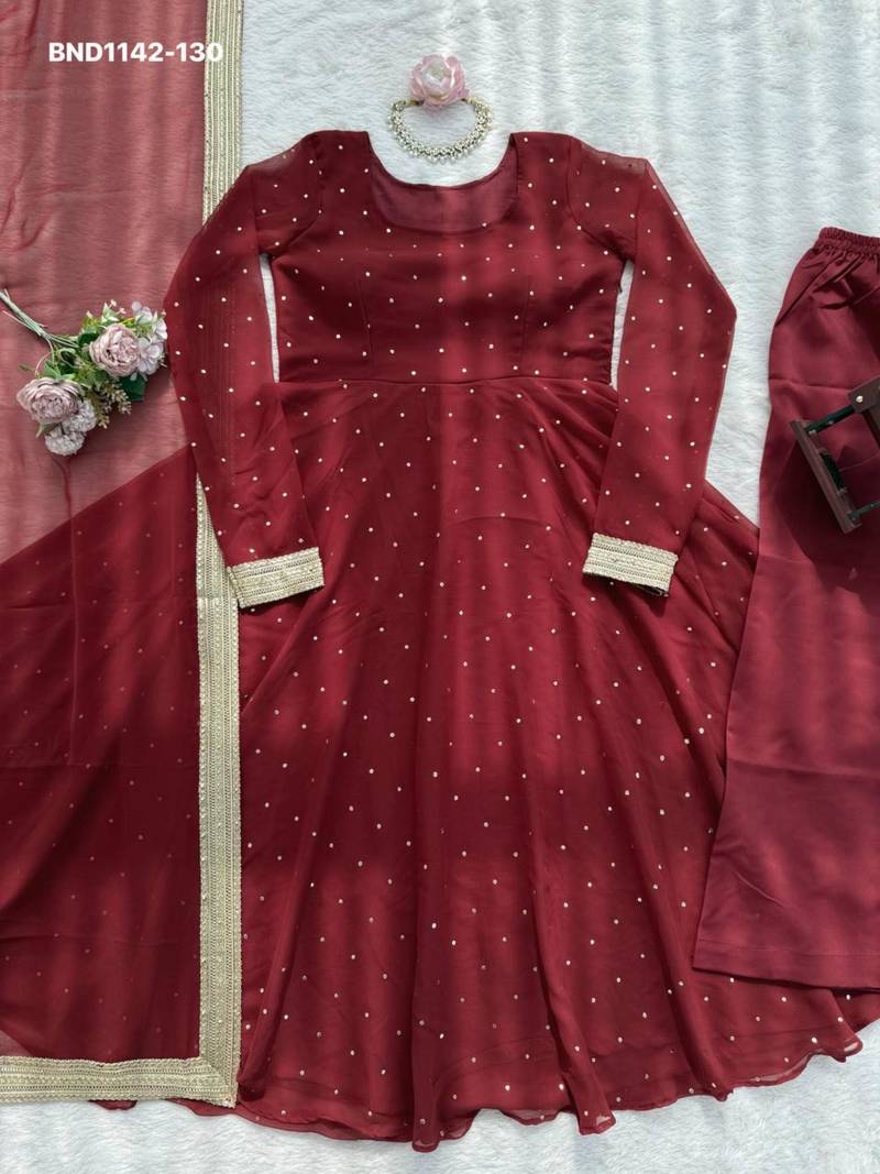 Maroon georgette embroidered kurta-sets