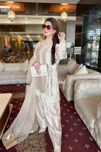 cream embroidered silk blend kurta set