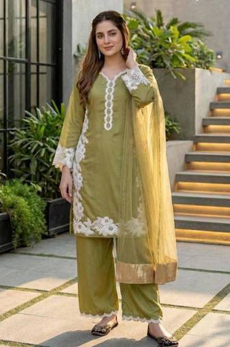 green embroidered silk blend kurta set