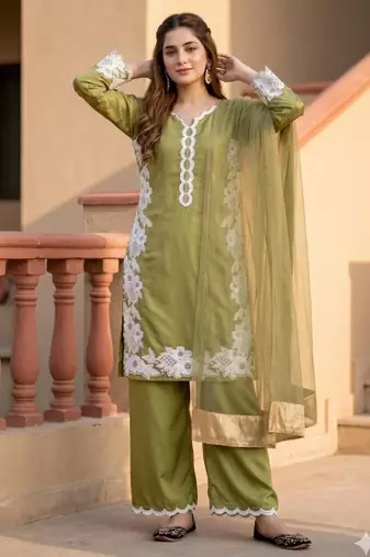 green embroidered silk blend kurta set