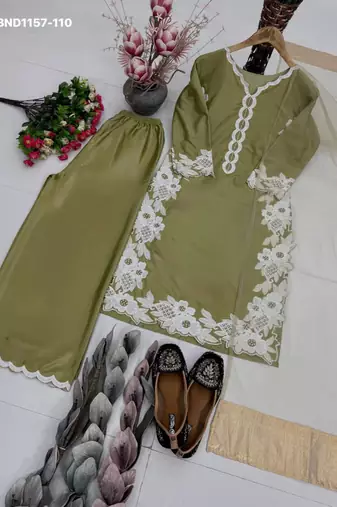 green embroidered silk blend kurta set