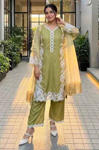 green embroidered silk blend kurta set