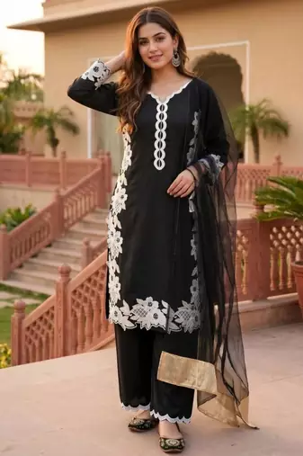black embroidered silk blend womens kurta set