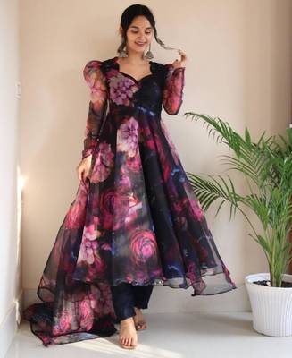 multicolor printed organza kurta set for women 1