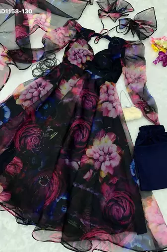 multicolor printed organza kurta set for women