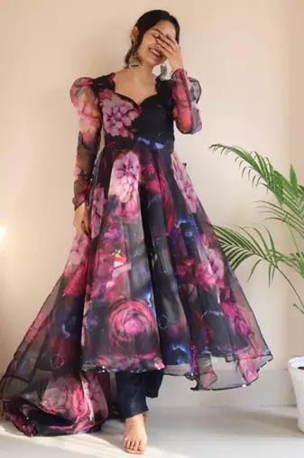 multicolor printed organza kurta set for women