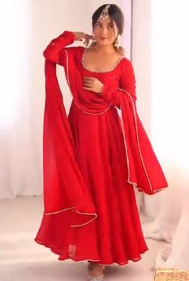 red embroidered georgette kurta set 1