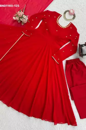 red embroidered georgette kurta set