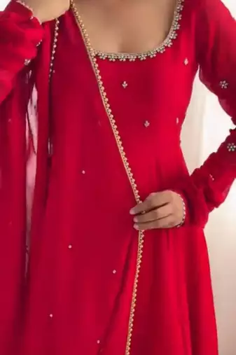 red embroidered georgette kurta set