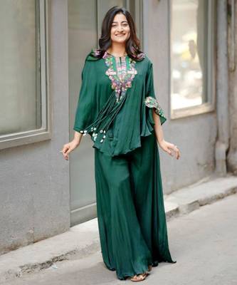 dark green embroidered chinon kurta set 1