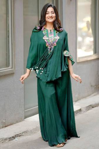 Dark-green chinon embroidered kurta-sets