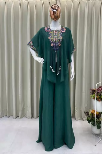 dark green embroidered chinon kurta set