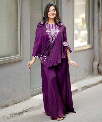 purple embroidered chinon kurta set 1