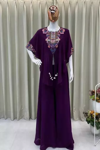 purple embroidered chinon kurta set