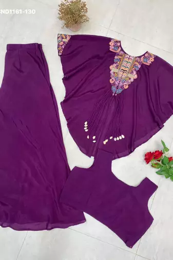 purple embroidered chinon kurta set