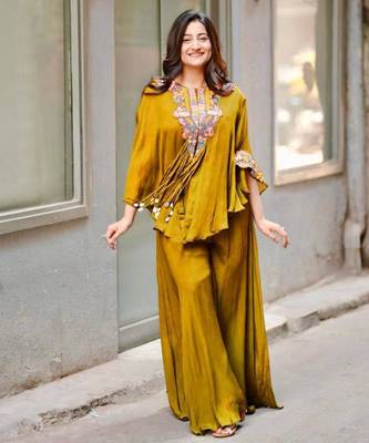 mustard embroidered chinon kurta set 1