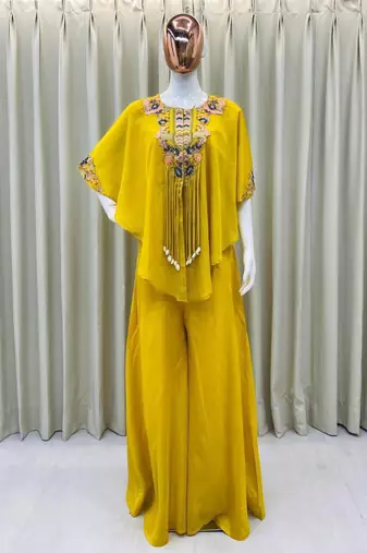 mustard embroidered chinon kurta set